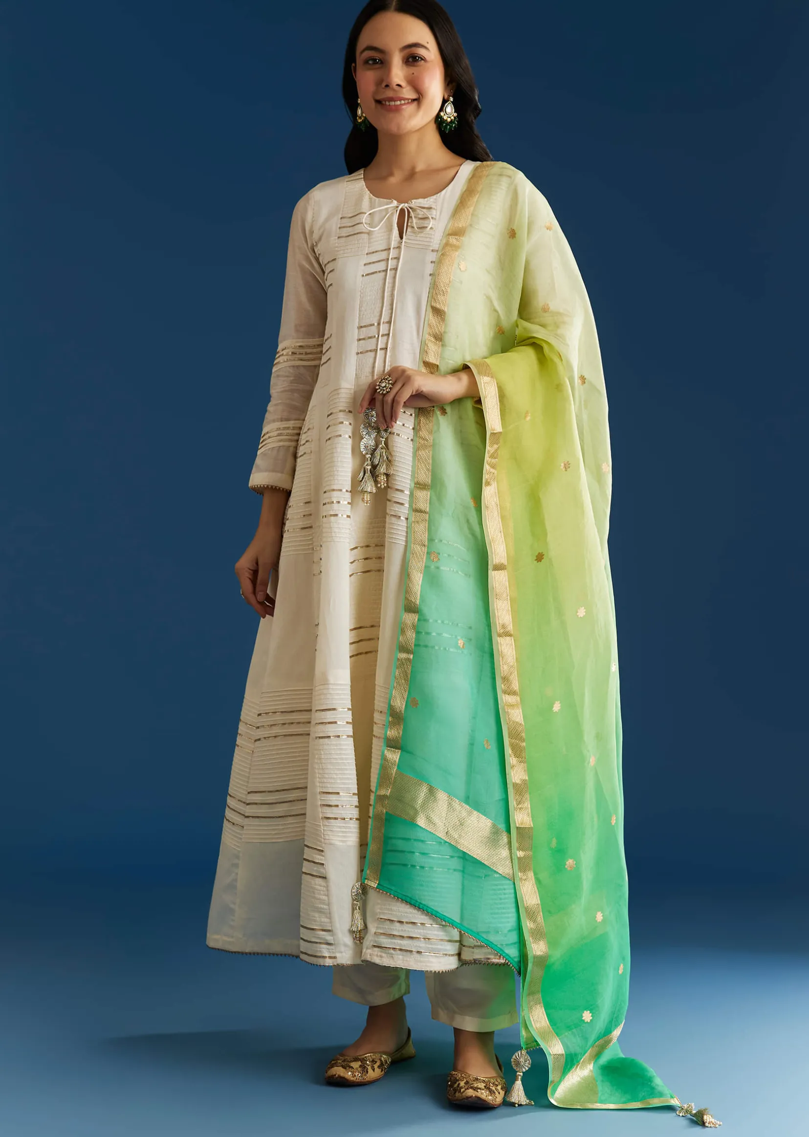 Off White Gotta Work Chanderi Anarkali With Ombre Organza Dupatta