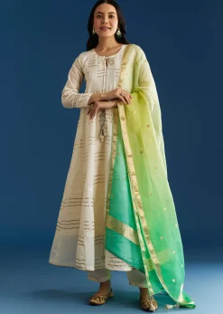 Off White Gotta Work Chanderi Anarkali With Ombre Organza Dupatta