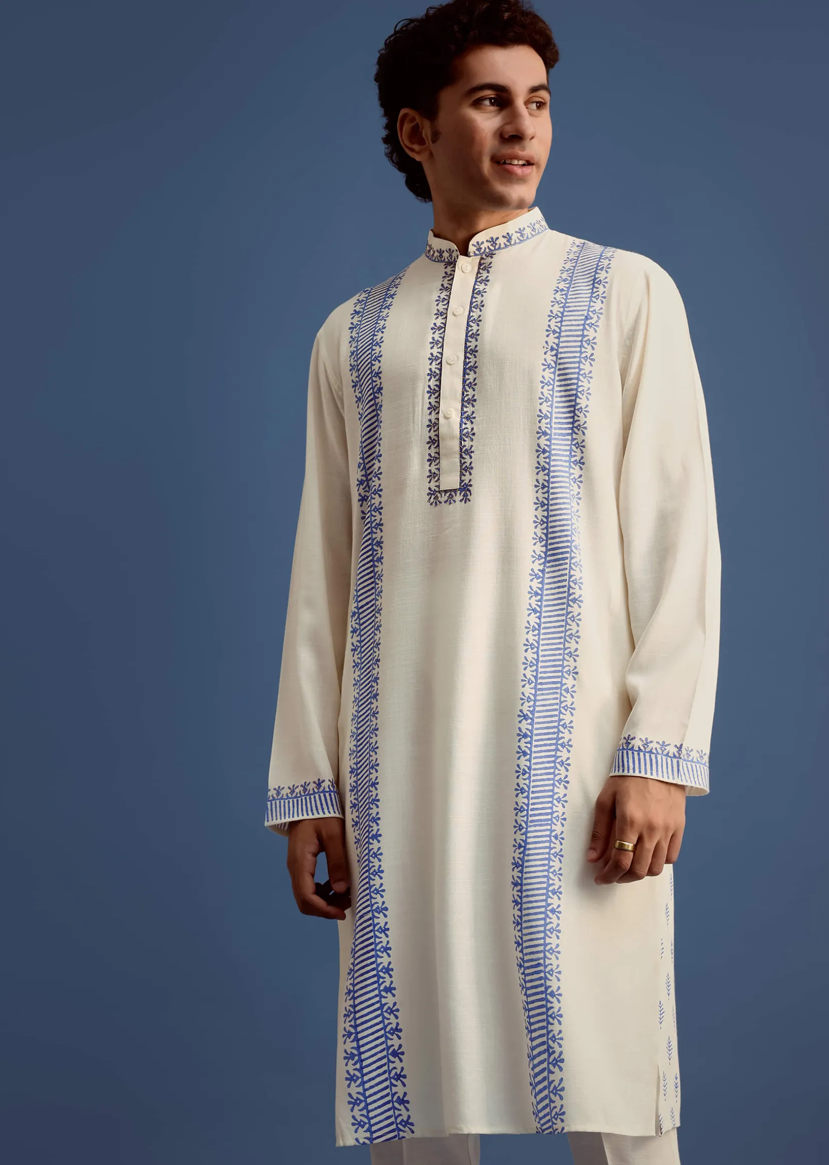 Off White Hand Block Printed Kurta Set