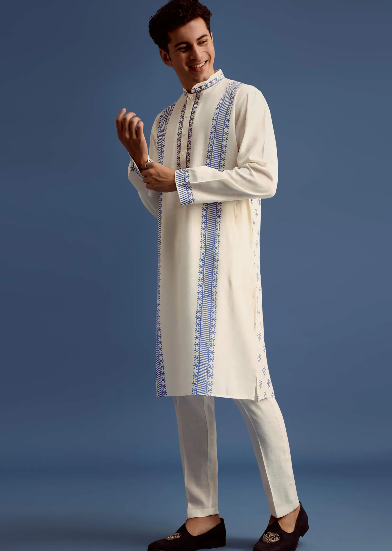 Off White Hand Block Printed Kurta Set
