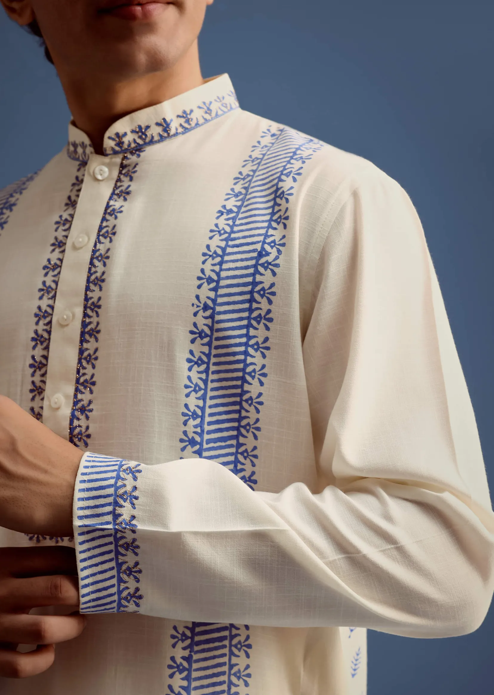 Off White Hand Block Printed Kurta Set