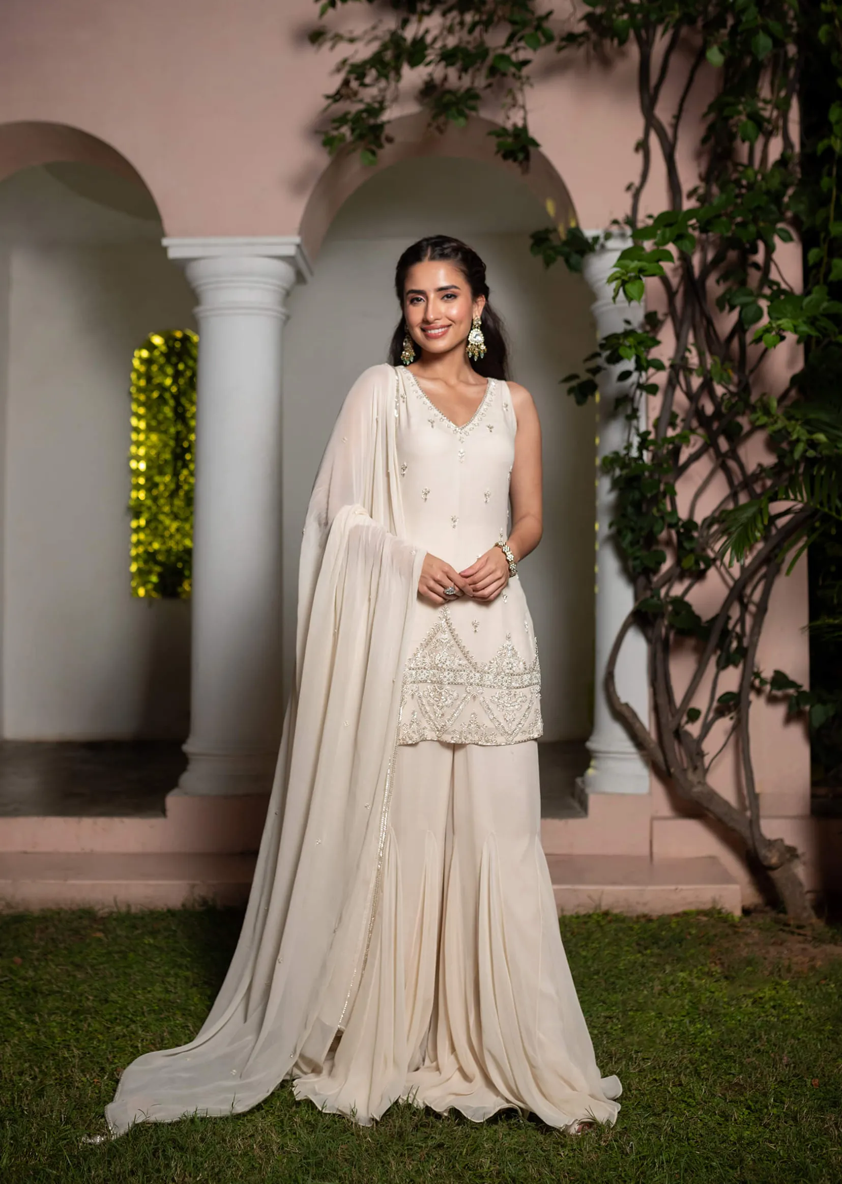 Off White Hand Embroidered Sharara Suit With Dupatta