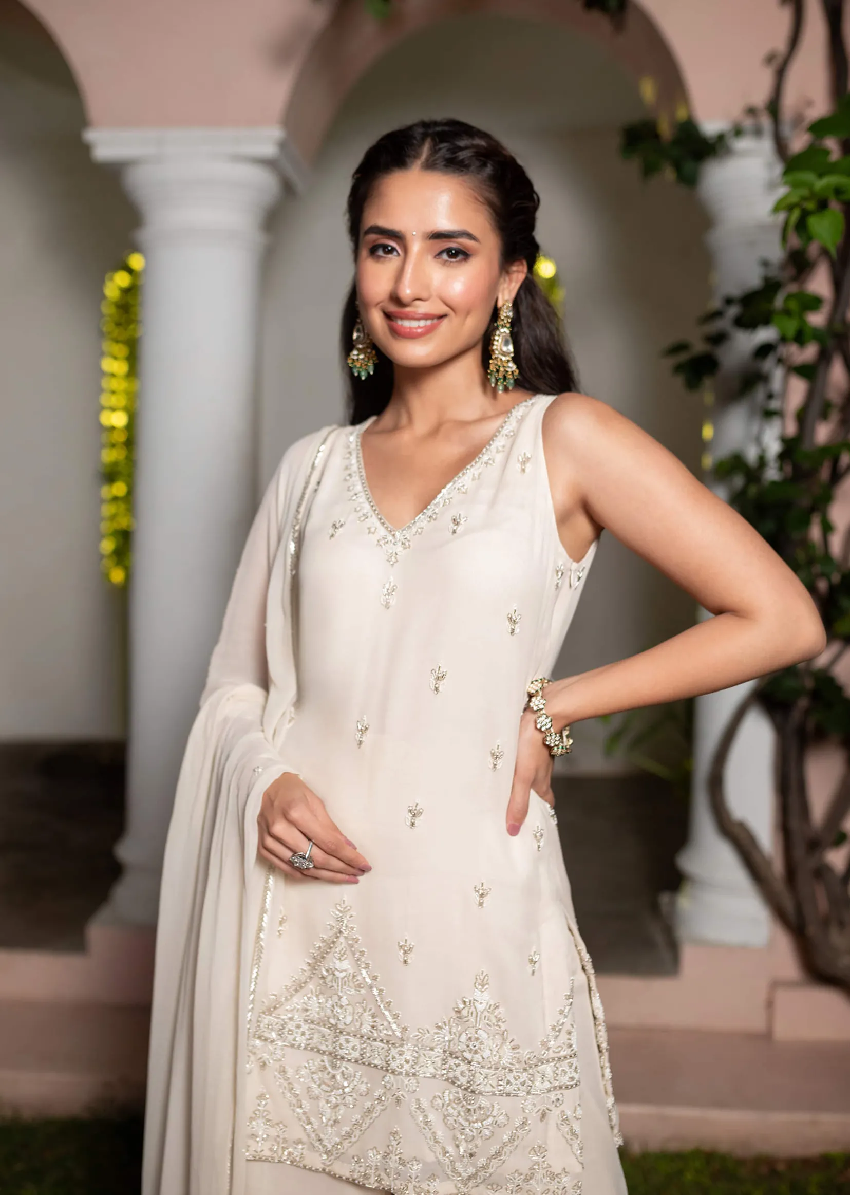 Off White Hand Embroidered Sharara Suit With Dupatta