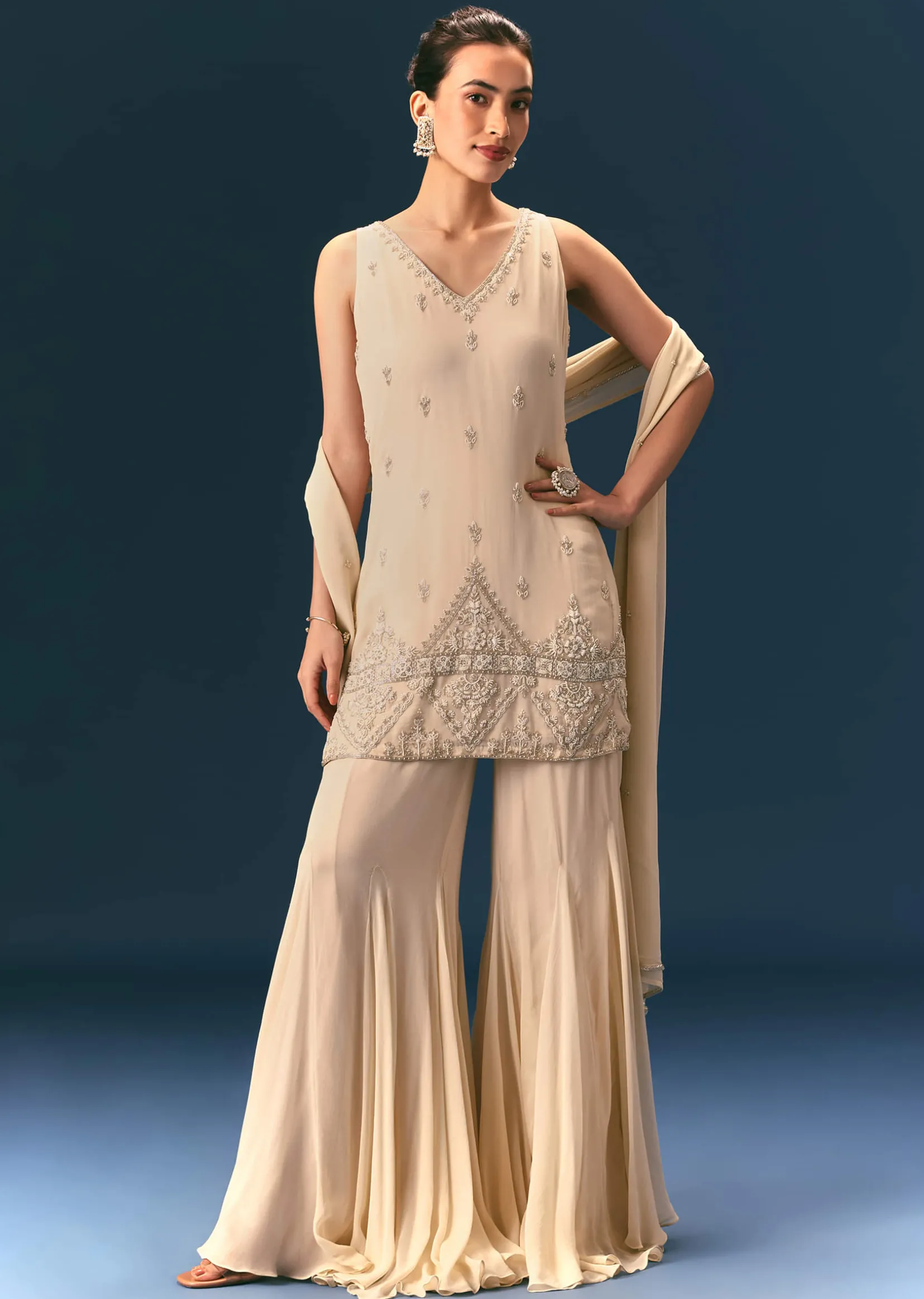 Off White Hand Embroidered Sharara Suit With Dupatta