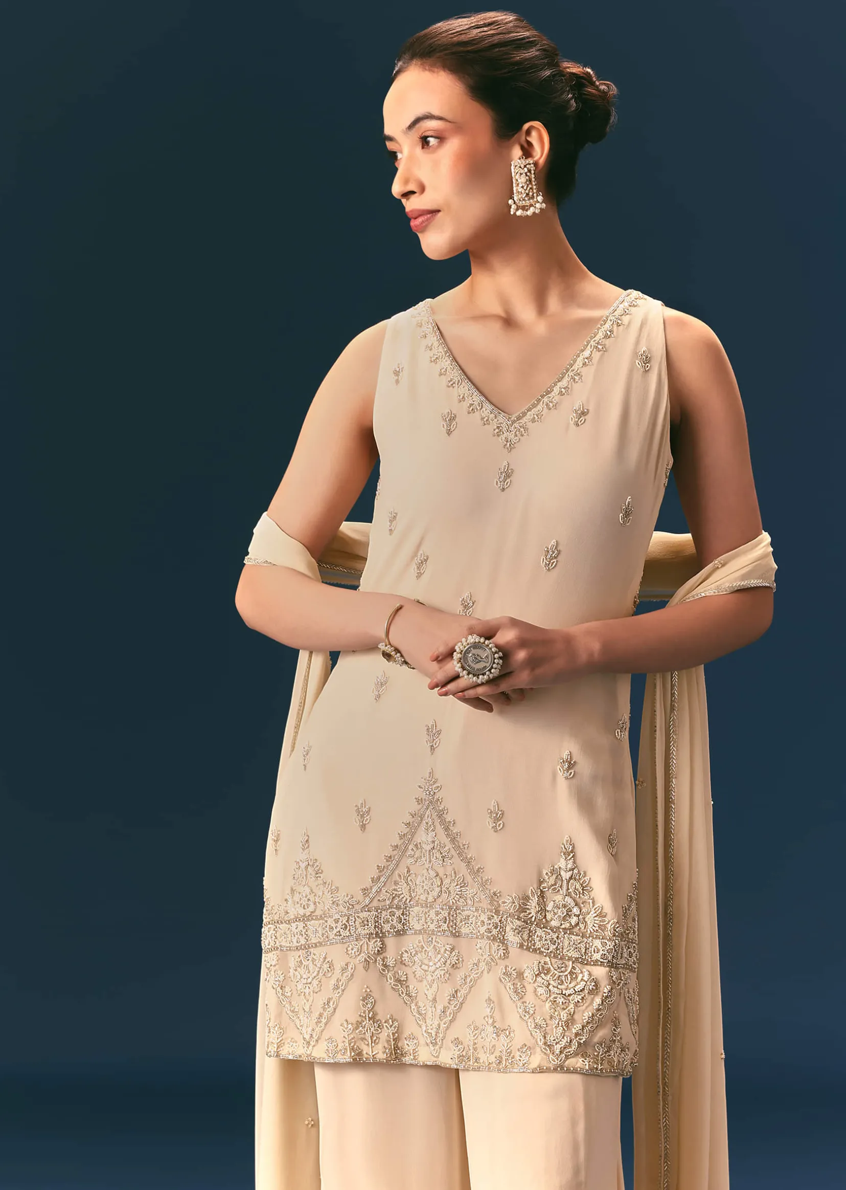 Off White Hand Embroidered Sharara Suit With Dupatta