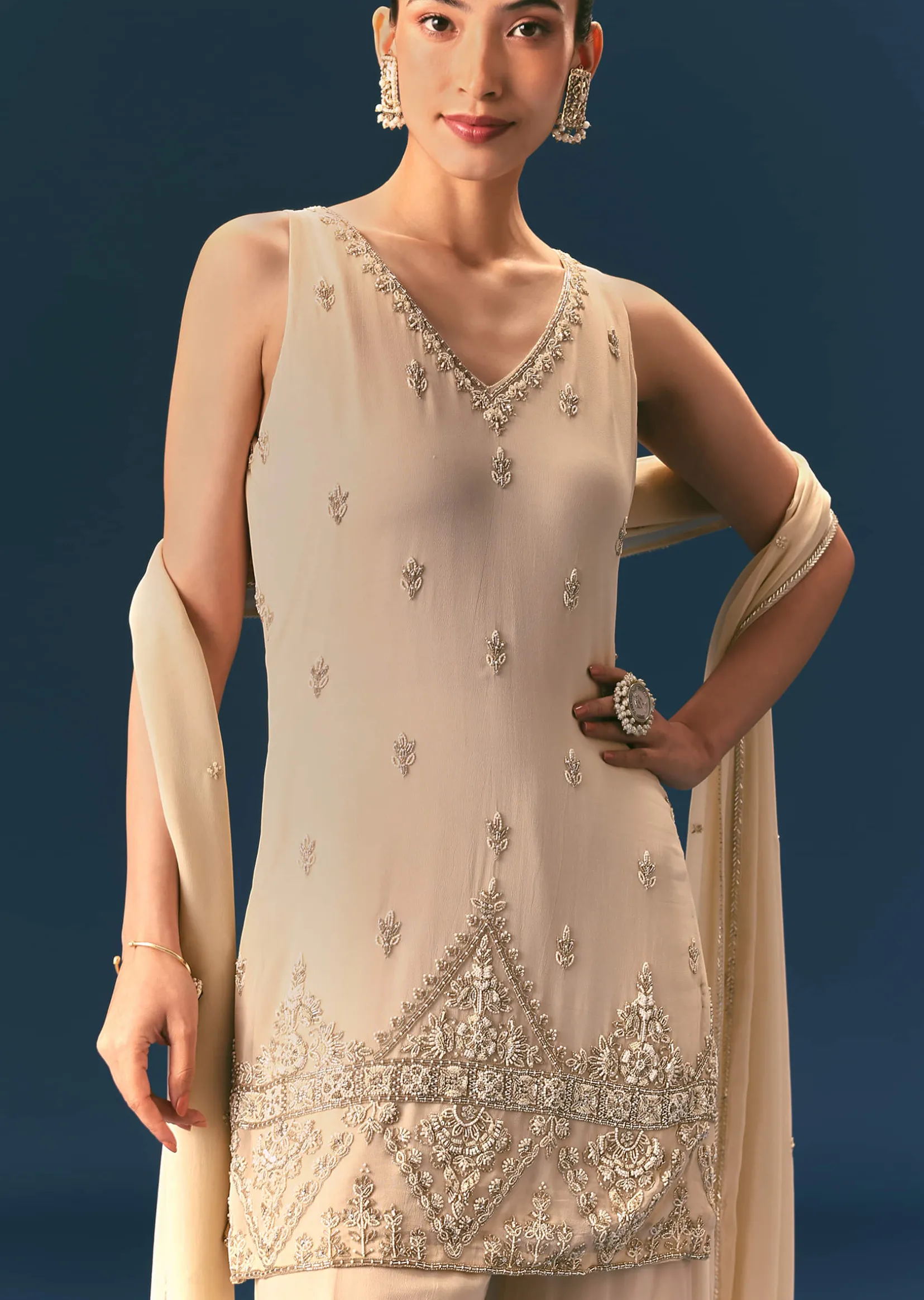 Off White Hand Embroidered Sharara Suit With Dupatta
