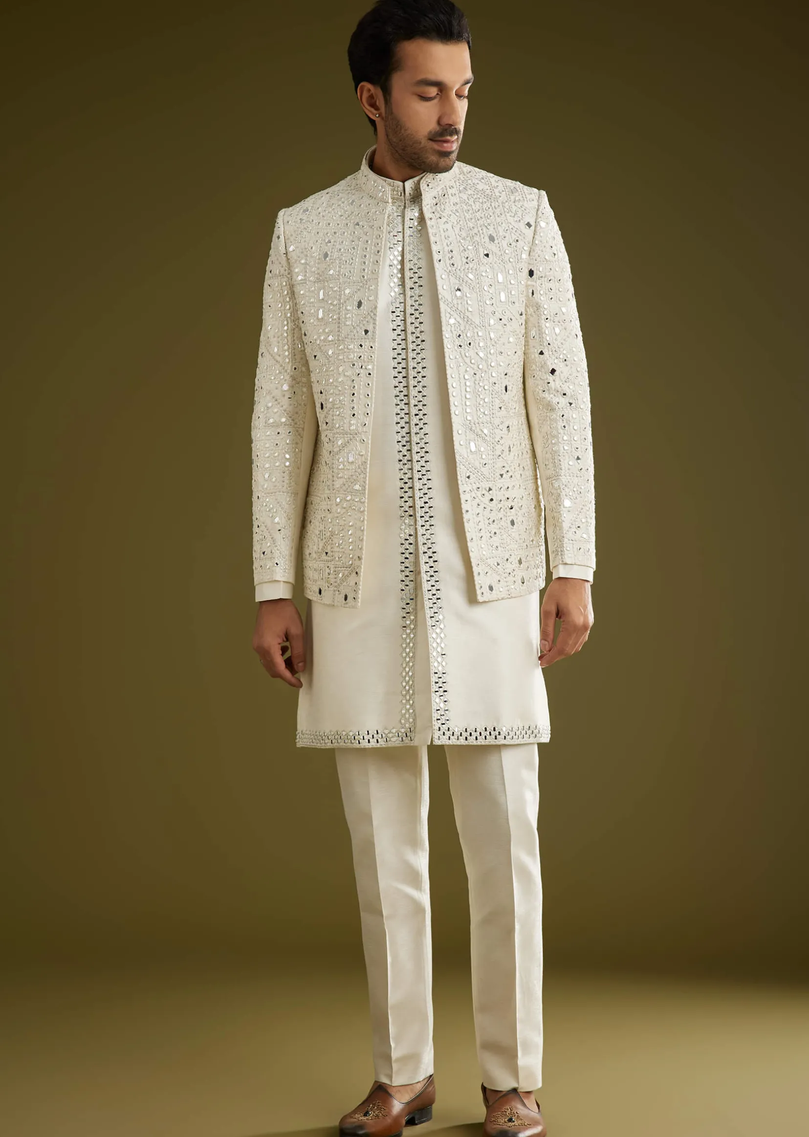 Off White Indo Western Set With Mirror And Thread Work On Silk