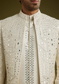 Off White Indo Western Set With Mirror And Thread Work On Silk