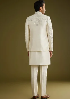 Off White Indo Western Set With Mirror And Thread Work On Silk