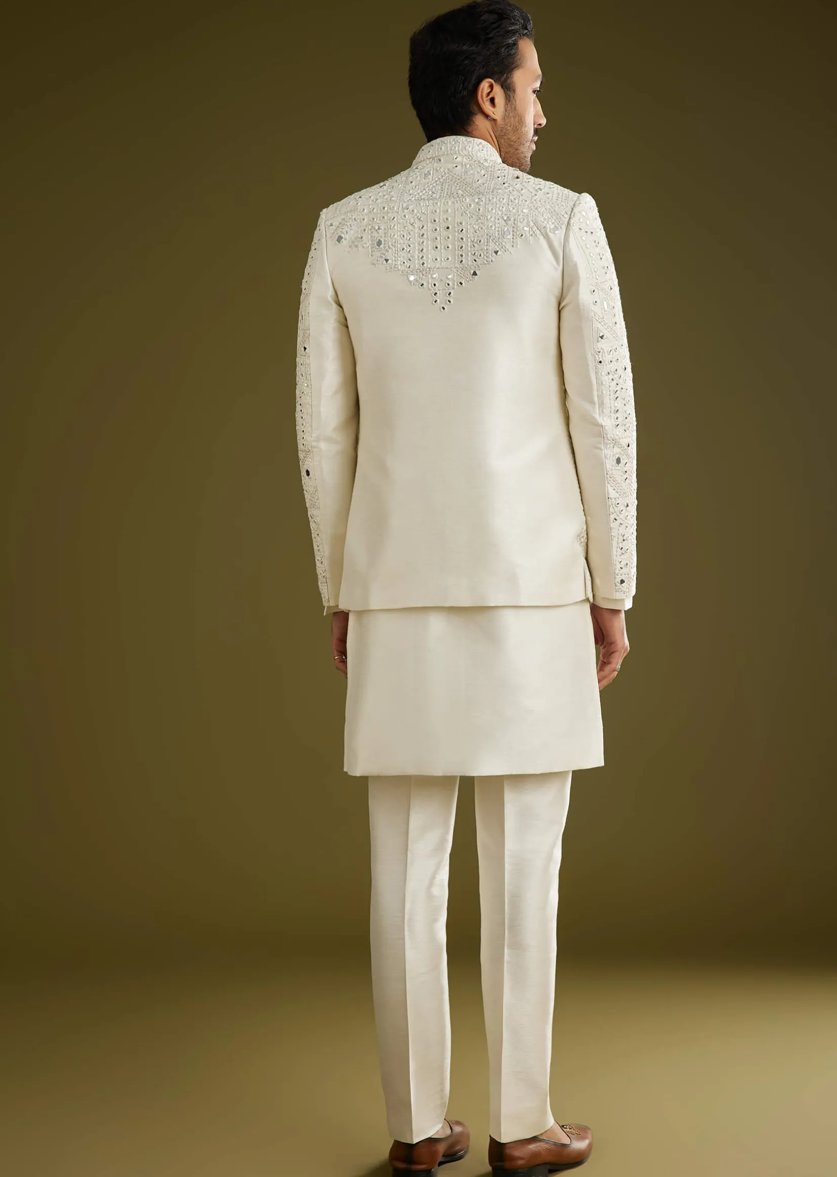 Off White Indo Western Set With Mirror And Thread Work On Silk