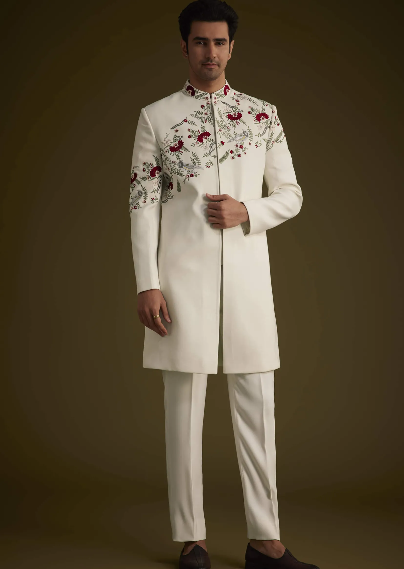 Off White Indowestern With Hand Embroidered Bird And Floral Pattern