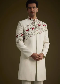 Off White Indowestern With Hand Embroidered Bird And Floral Pattern