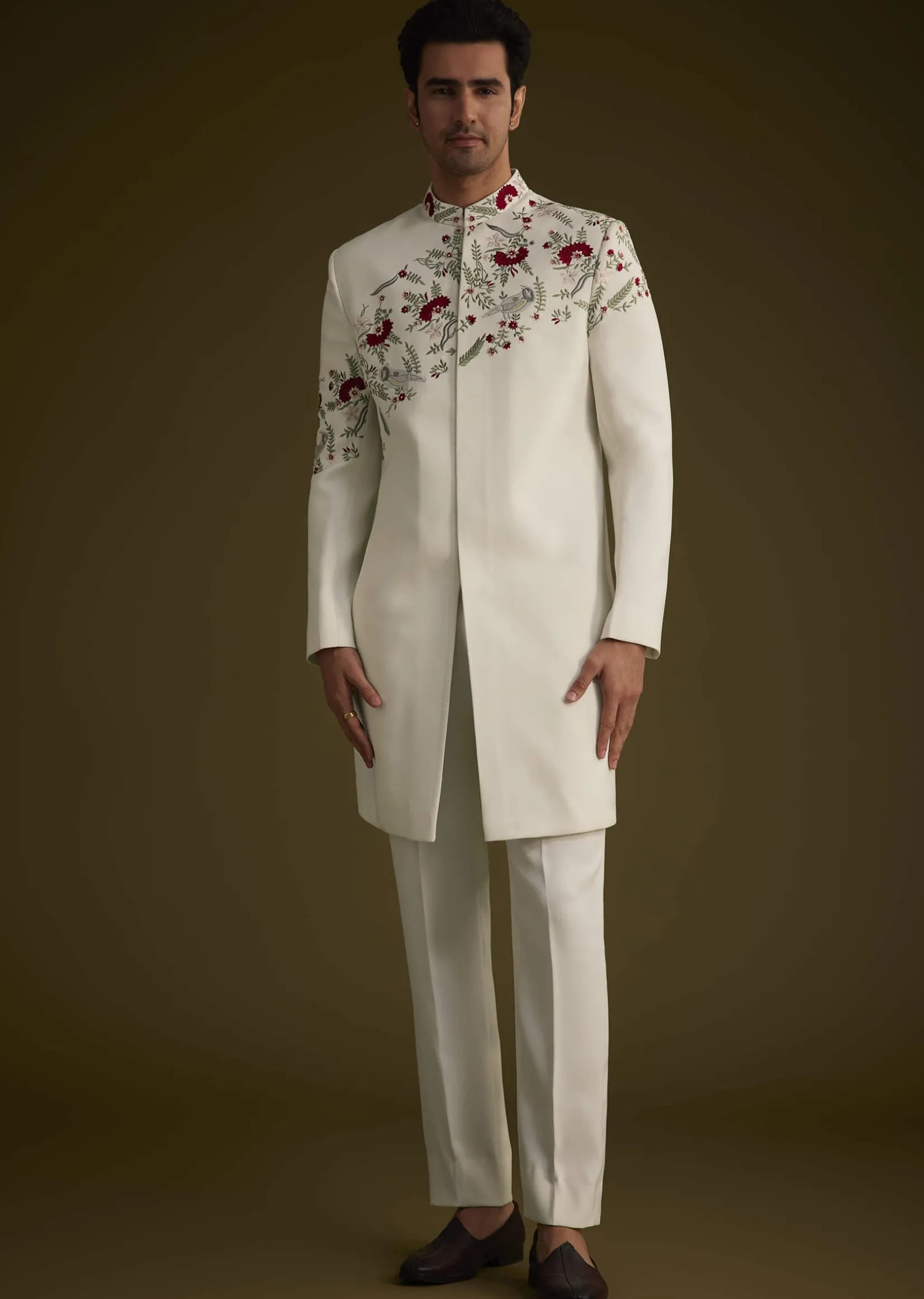 Off White Indowestern With Hand Embroidered Bird And Floral Pattern