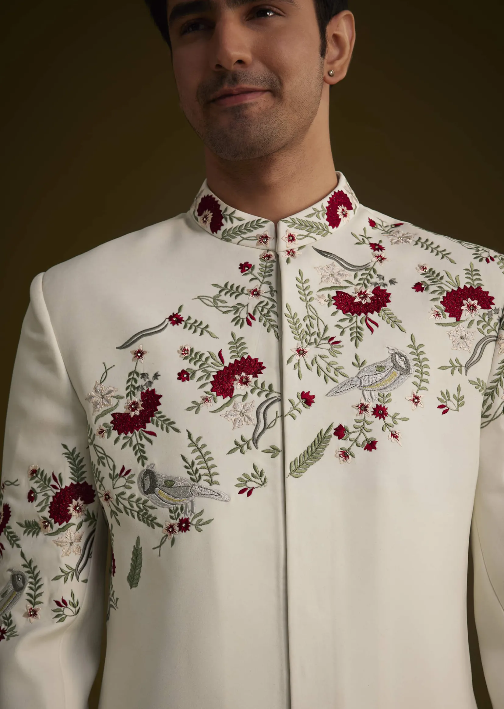 Off White Indowestern With Hand Embroidered Bird And Floral Pattern