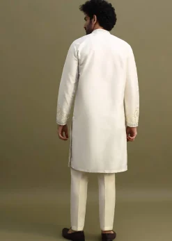 Off White Kurta Pant Set With Threadwork