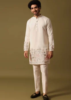 Off White Kurta Set In Resham Work For Men