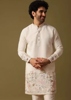 Off White Kurta Set In Resham Work For Men