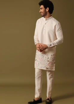 Off White Kurta Set In Resham Work For Men