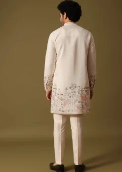 Off White Kurta Set In Resham Work For Men