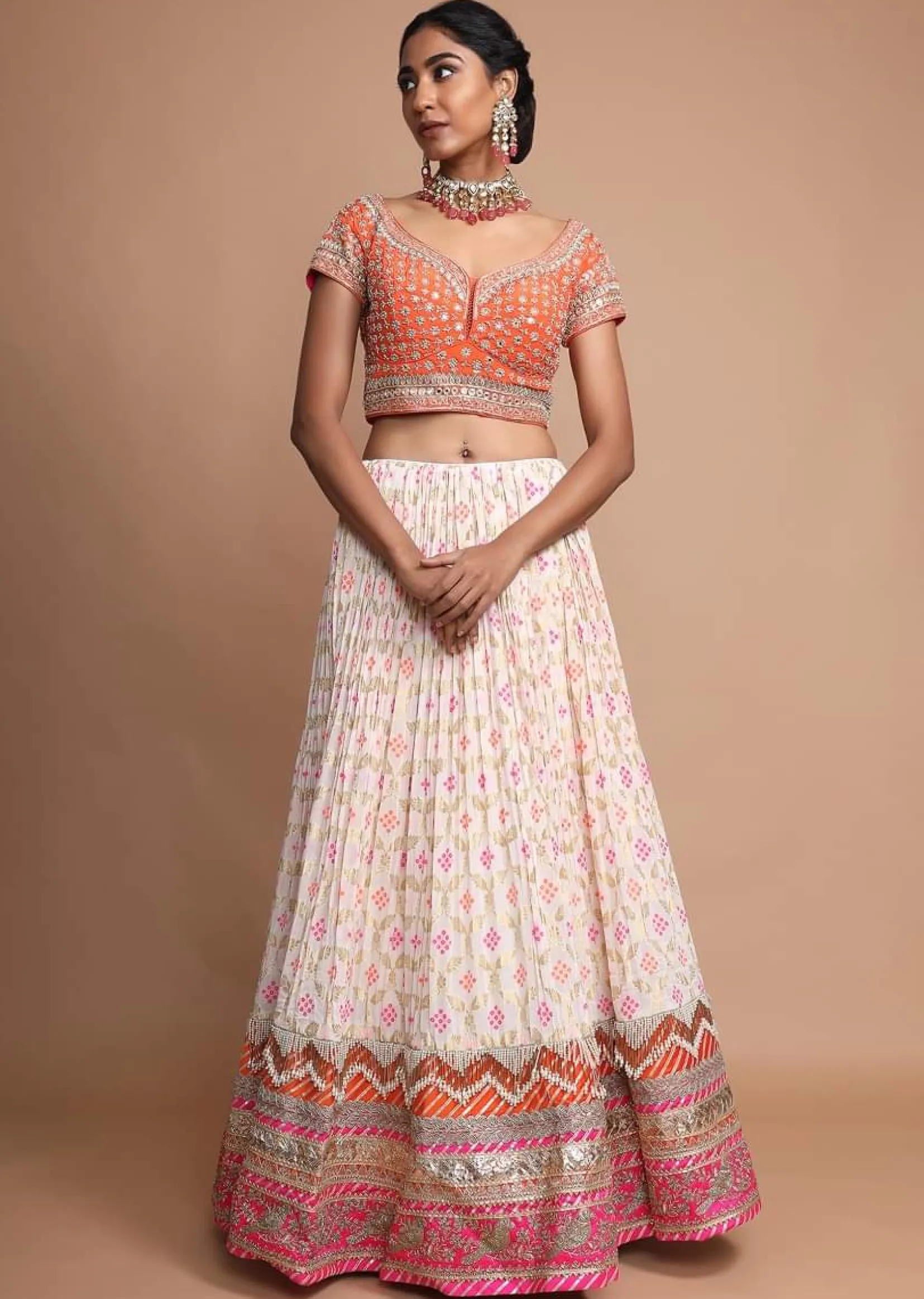 Off White Lehenga With Bandhani Print, Weaved Design And Heavy Gotta Work Border