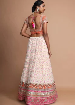 Off White Lehenga With Bandhani Print, Weaved Design And Heavy Gotta Work Border