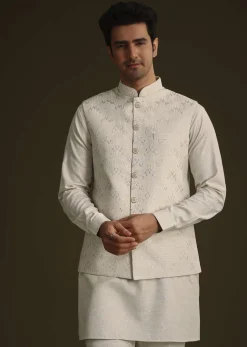 Off White Linen Kurta Set With Resham And Sequin Work