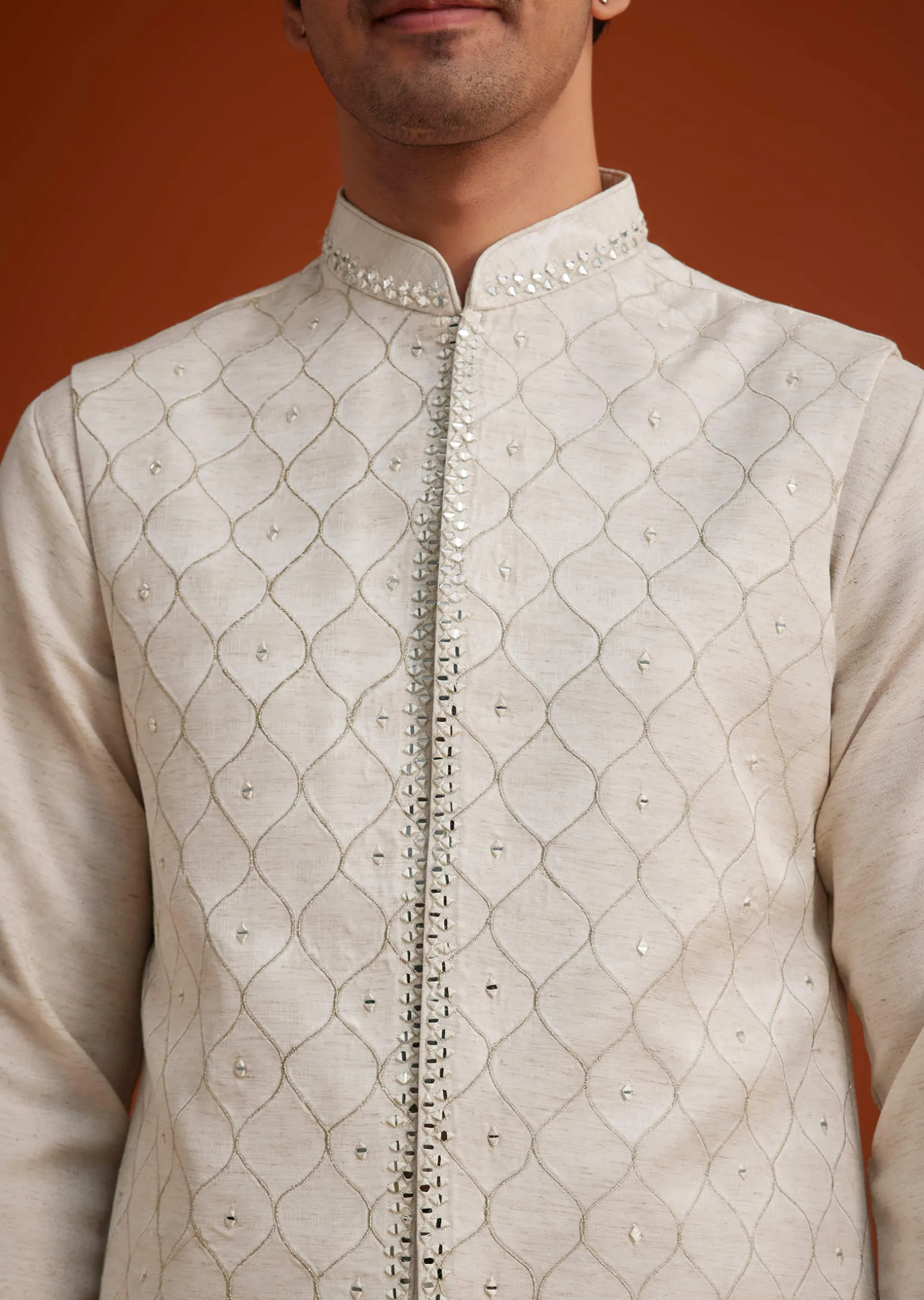 Off White Linen Silk Jacket Set With Zari And Mirror Work
