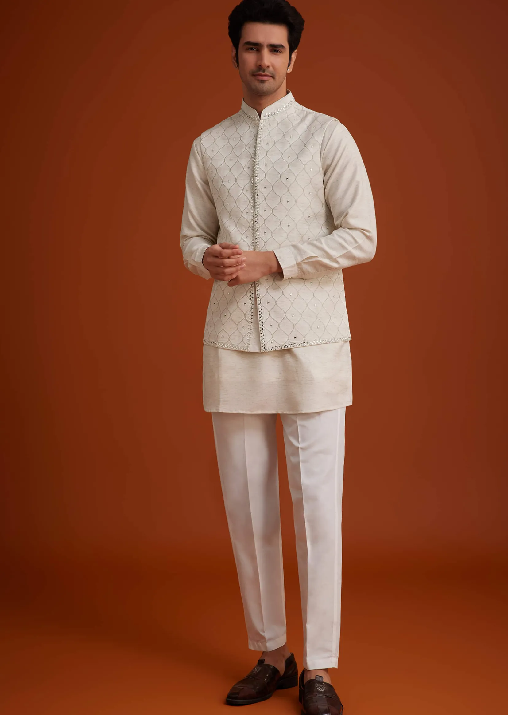 Off White Linen Silk Jacket Set With Zari And Mirror Work