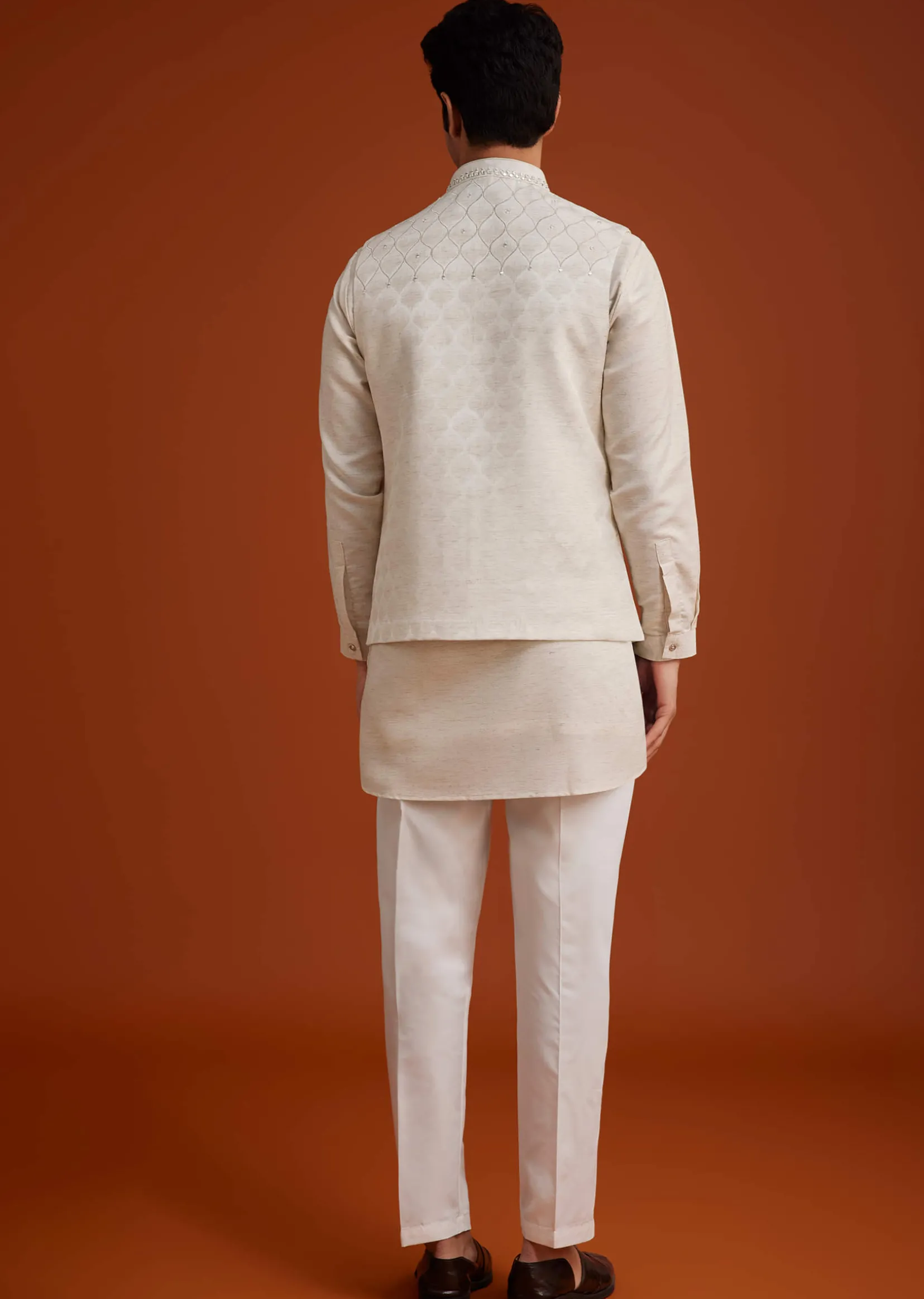 Off White Linen Silk Jacket Set With Zari And Mirror Work