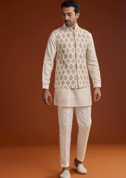 Off White Linen Silk Kurta Jacket Set With Zari Work For Men