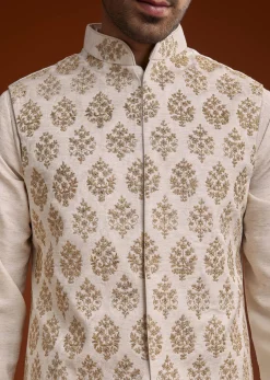 Off White Linen Silk Kurta Jacket Set With Zari Work For Men