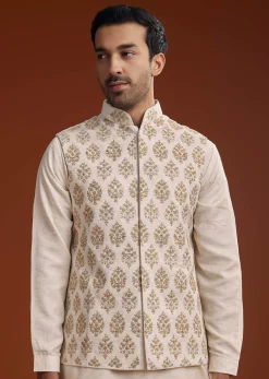 Off White Linen Silk Kurta Jacket Set With Zari Work For Men
