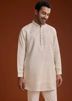 Off White Linen Silk Kurta Jacket Set With Zari Work For Men