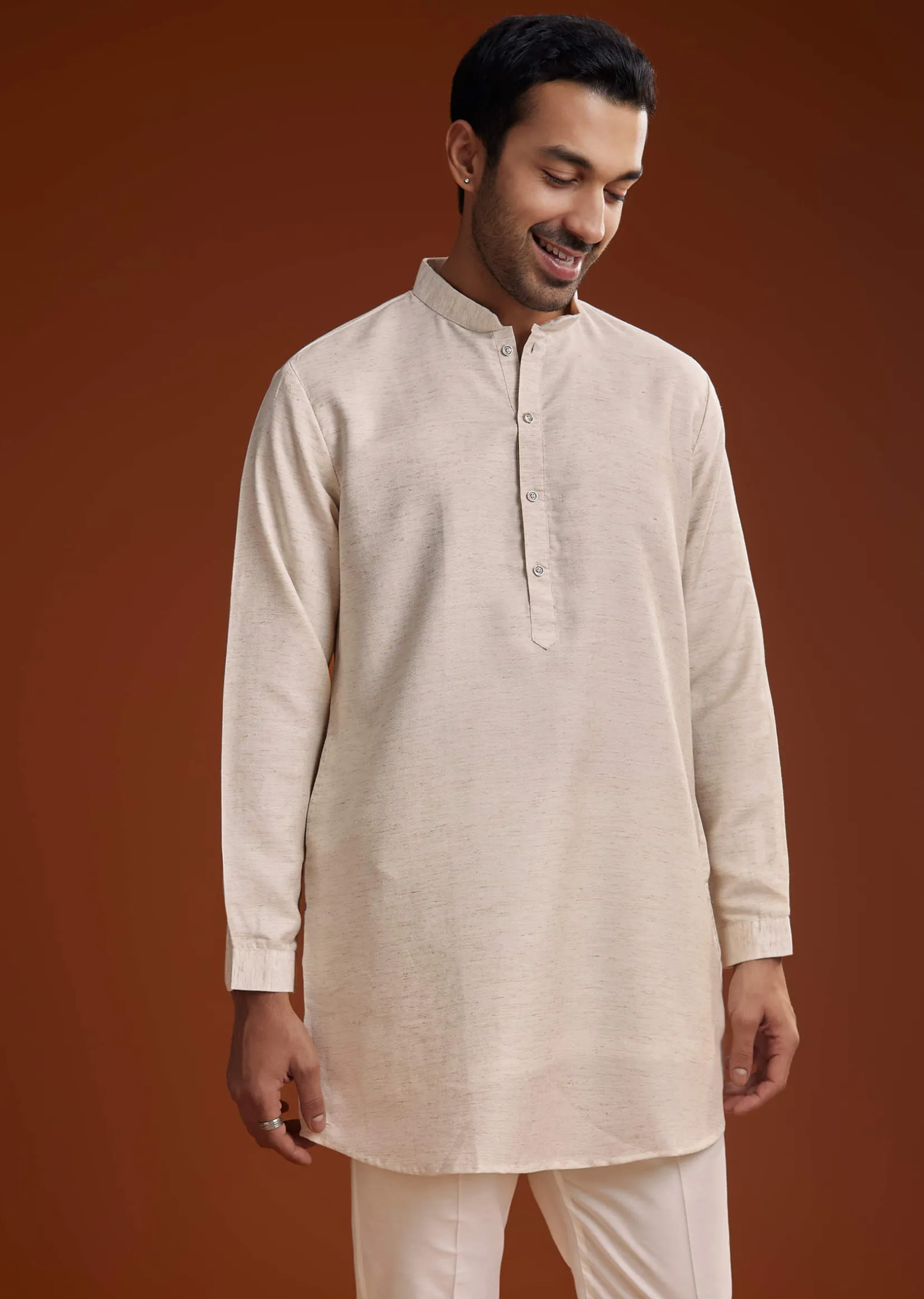 Off White Linen Silk Kurta Jacket Set With Zari Work For Men