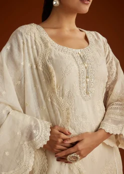 Off White Mul Chanderi Embroidered Kurta Dupatta Set
