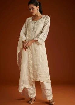 Off White Mul Chanderi Embroidered Kurta Dupatta Set