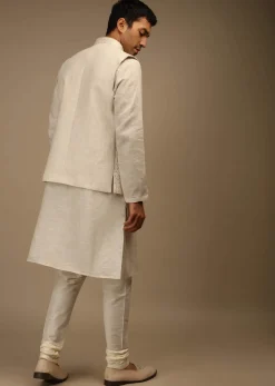 Off White Nehru Jacket And Kurta Set In Linen Silk With Resham And Sequins Embroidered Moroccan Jaal