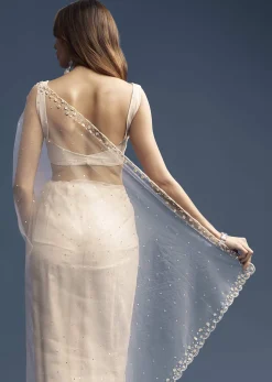 Off White Net Saree With Sequins Embroidery