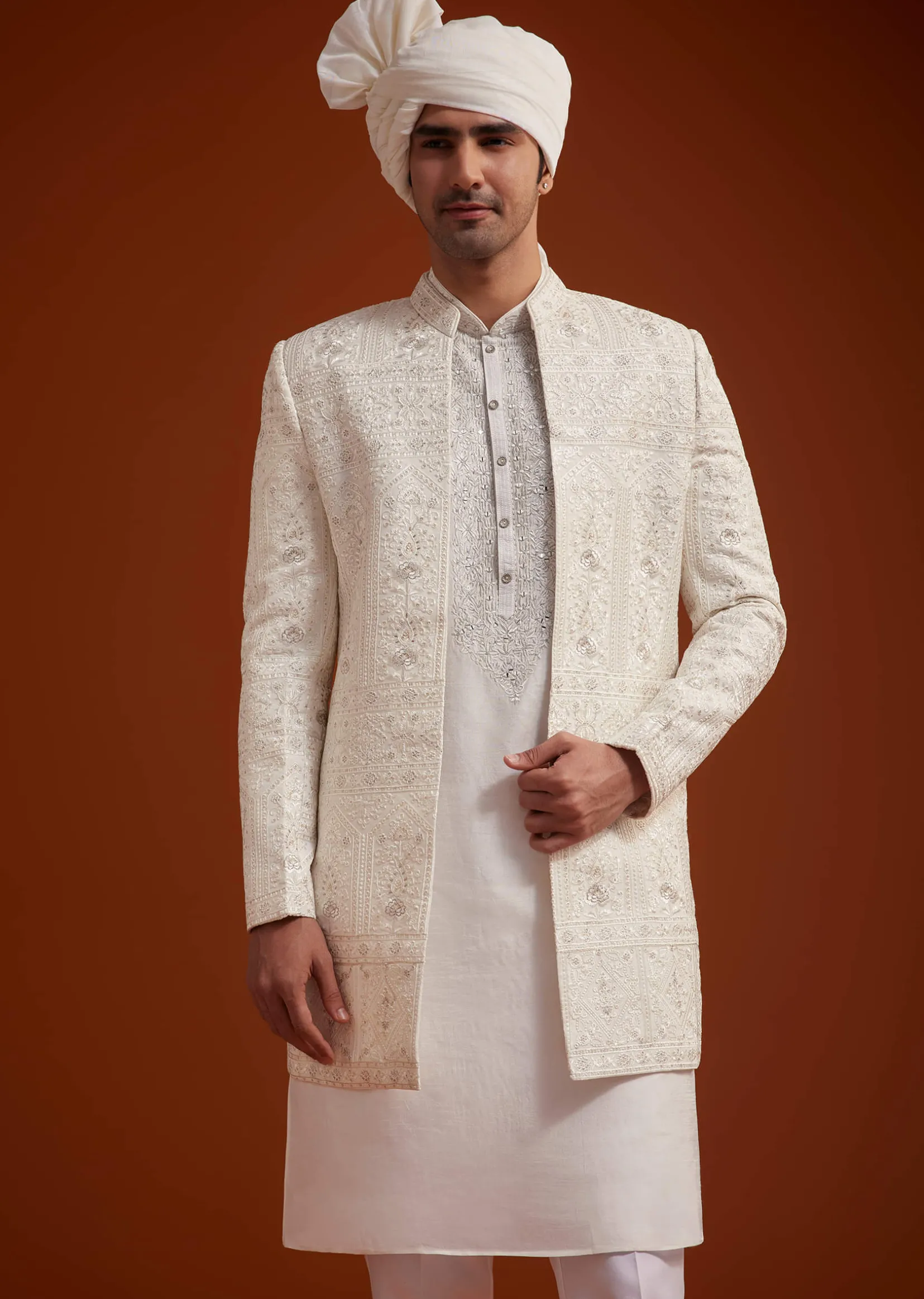 Off White Open Jacket Sherwani Set With Resham Work