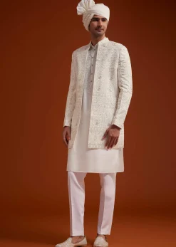 Off White Open Jacket Sherwani Set With Resham Work