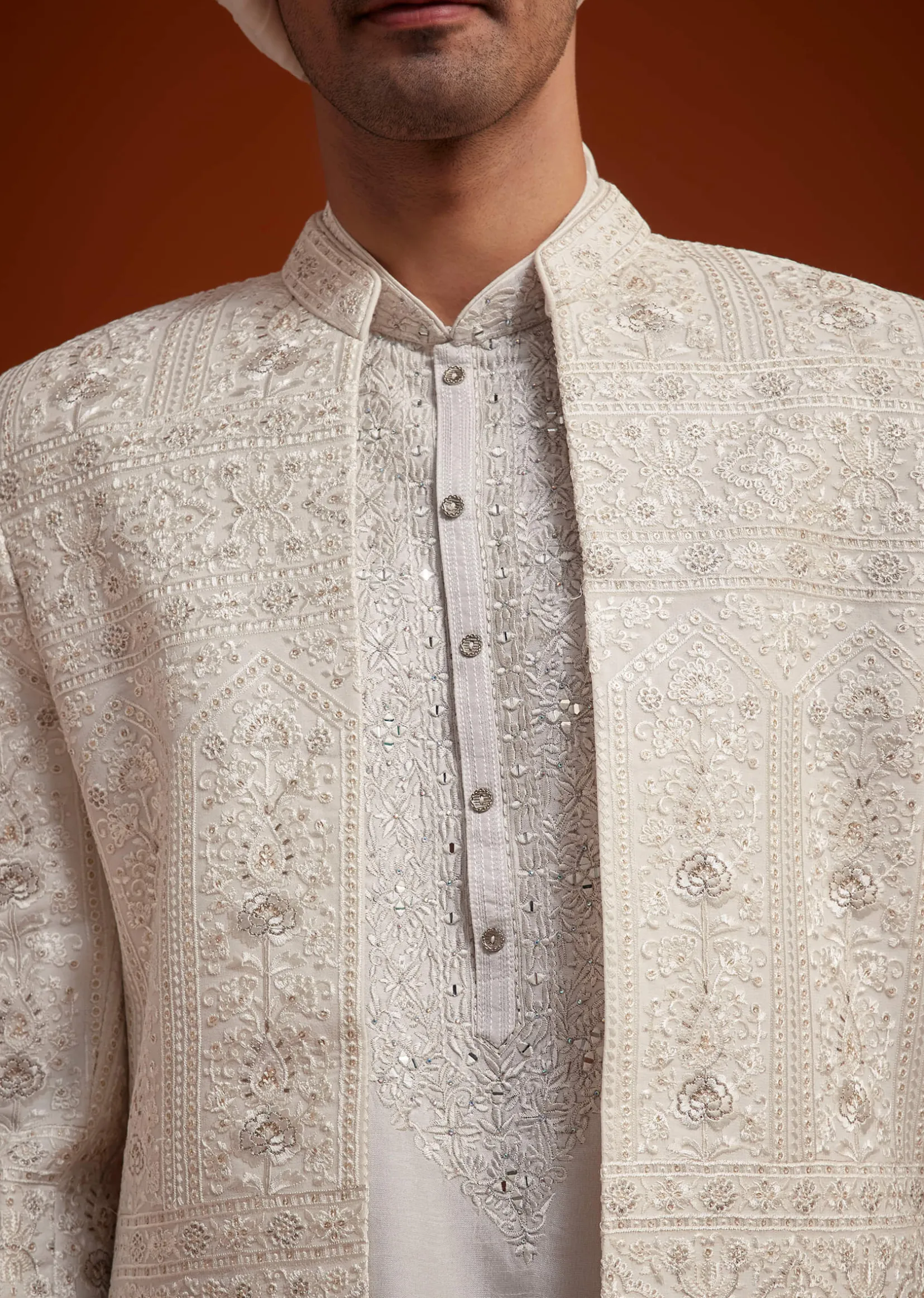 Off White Open Jacket Sherwani Set With Resham Work