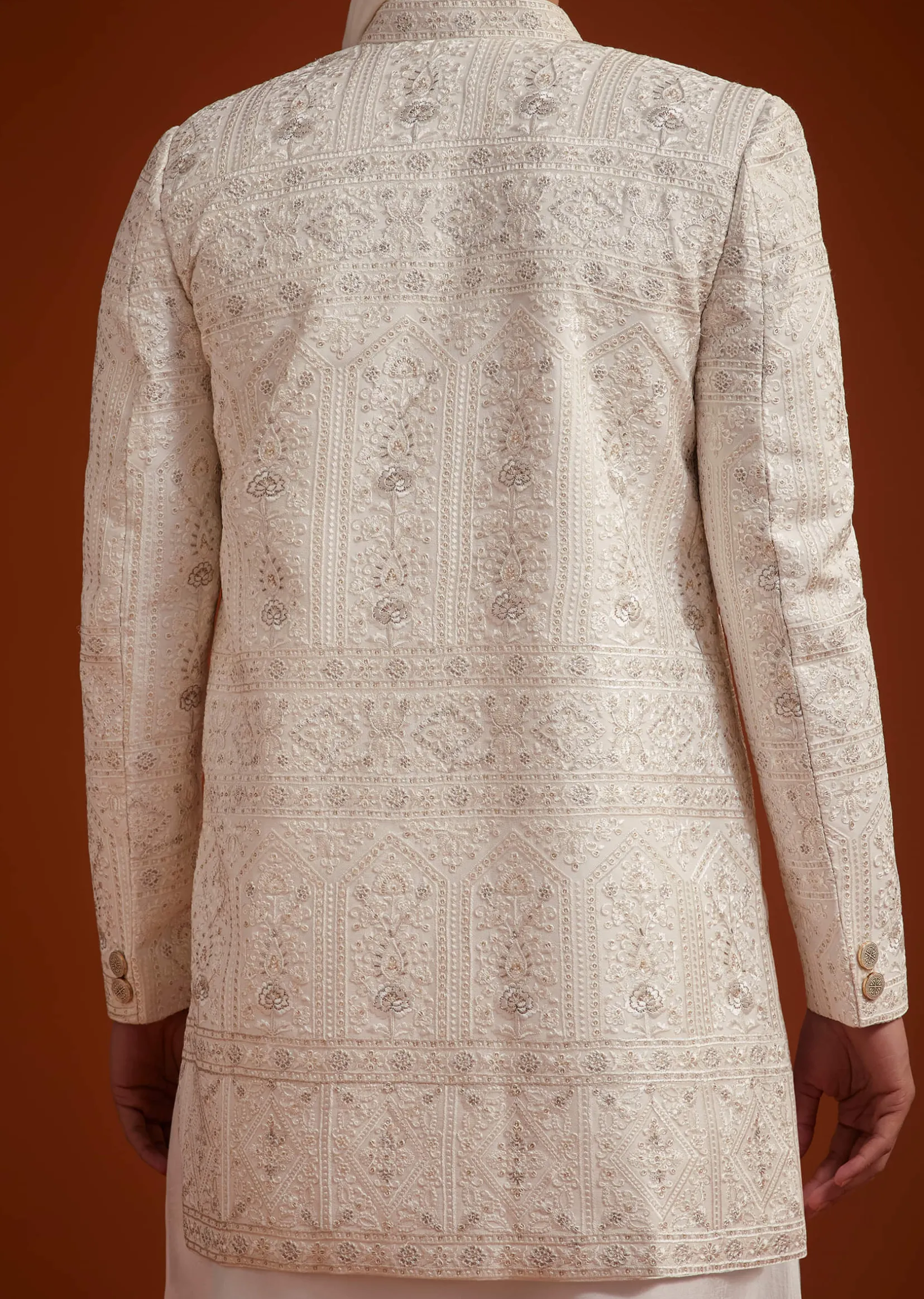 Off White Open Jacket Sherwani Set With Resham Work