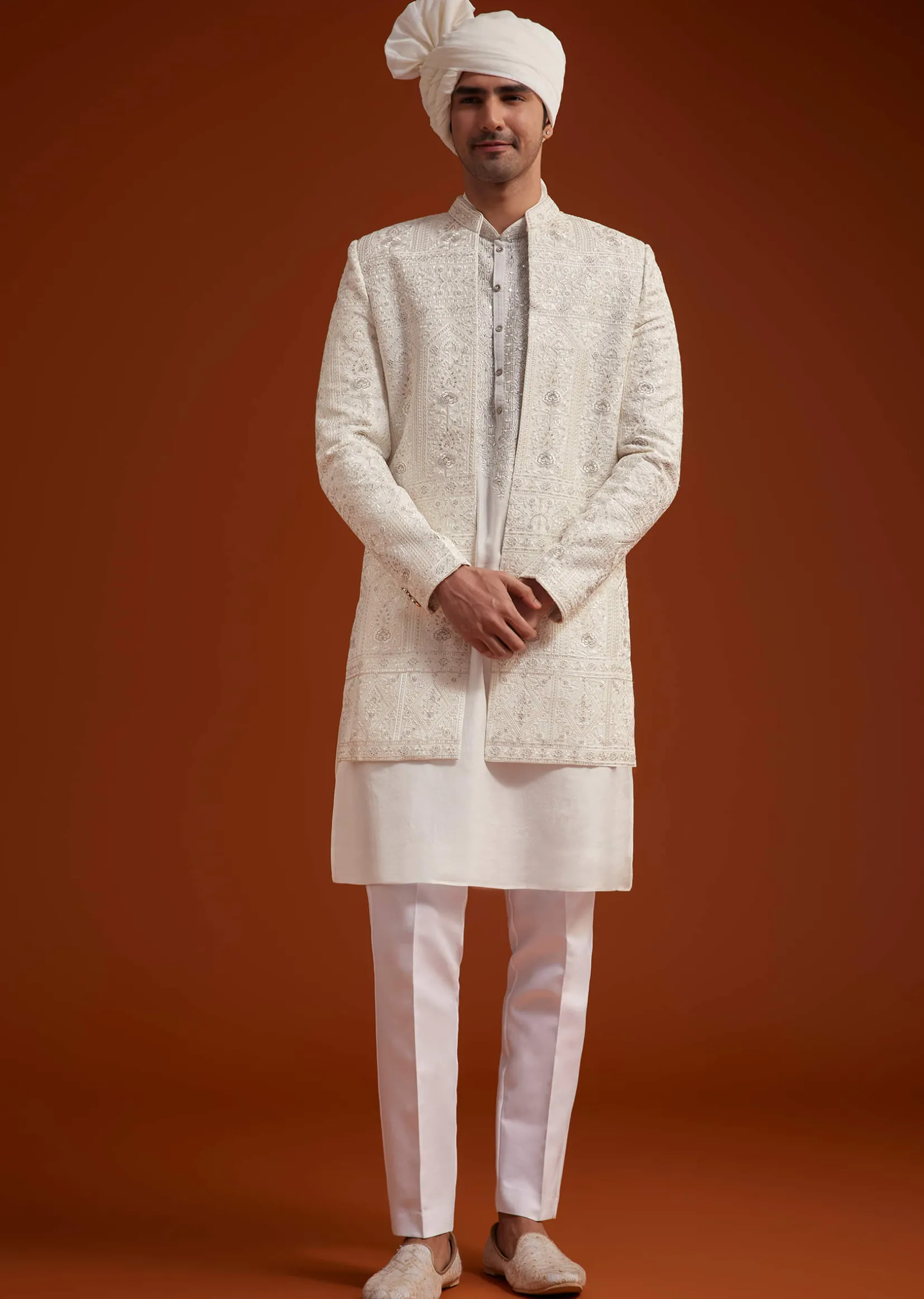 Off White Open Jacket Sherwani Set With Resham Work