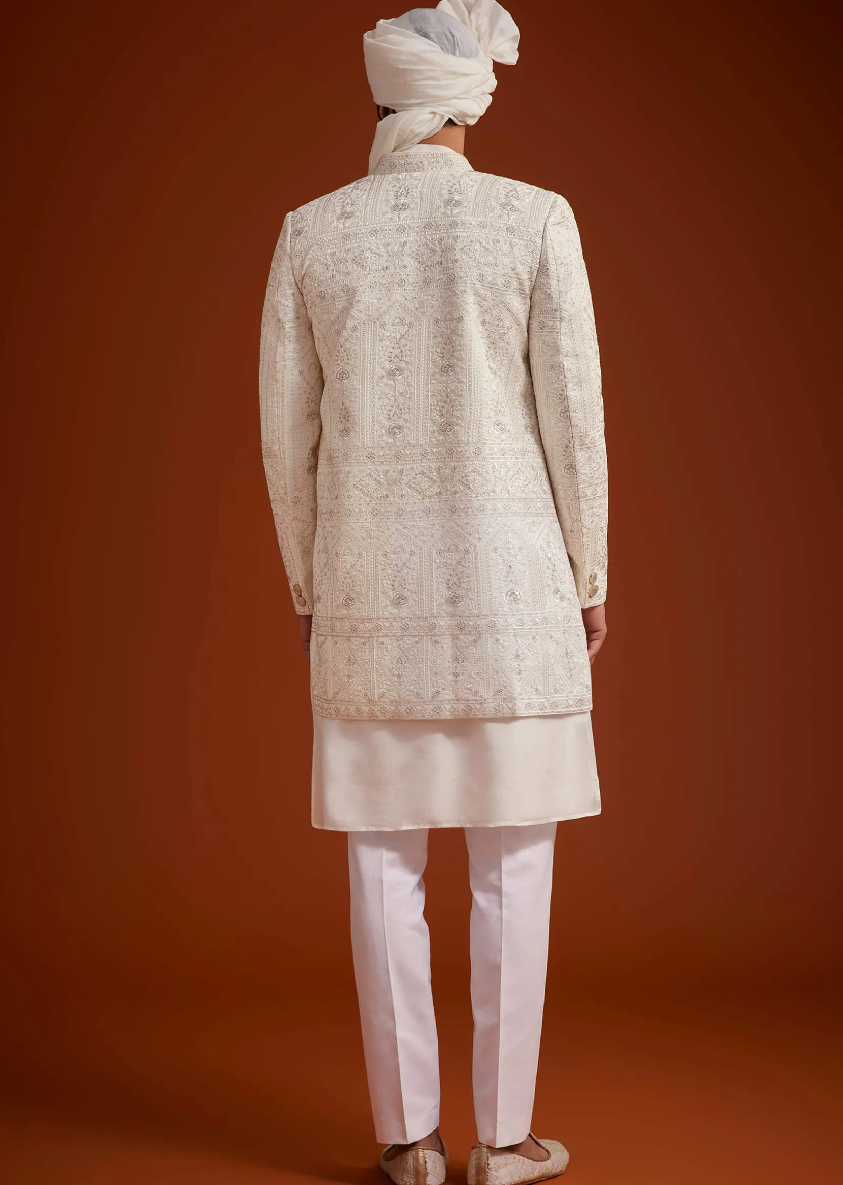 Off White Open Jacket Sherwani Set With Resham Work
