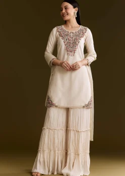 Off White Organza Embroidered Kurta Set With Dupatta