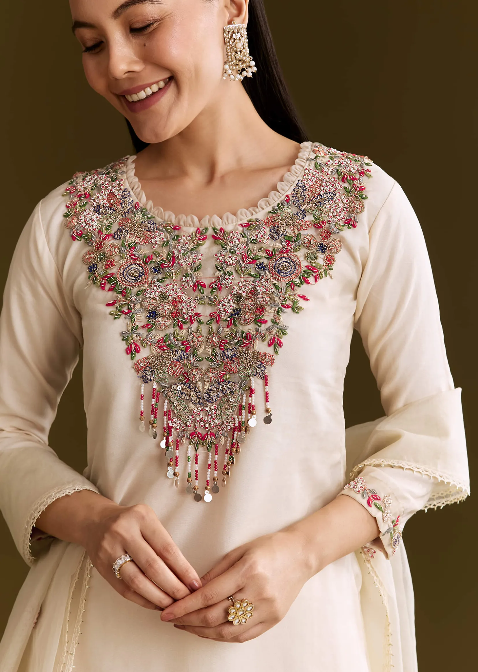Off White Organza Embroidered Kurta Set With Dupatta