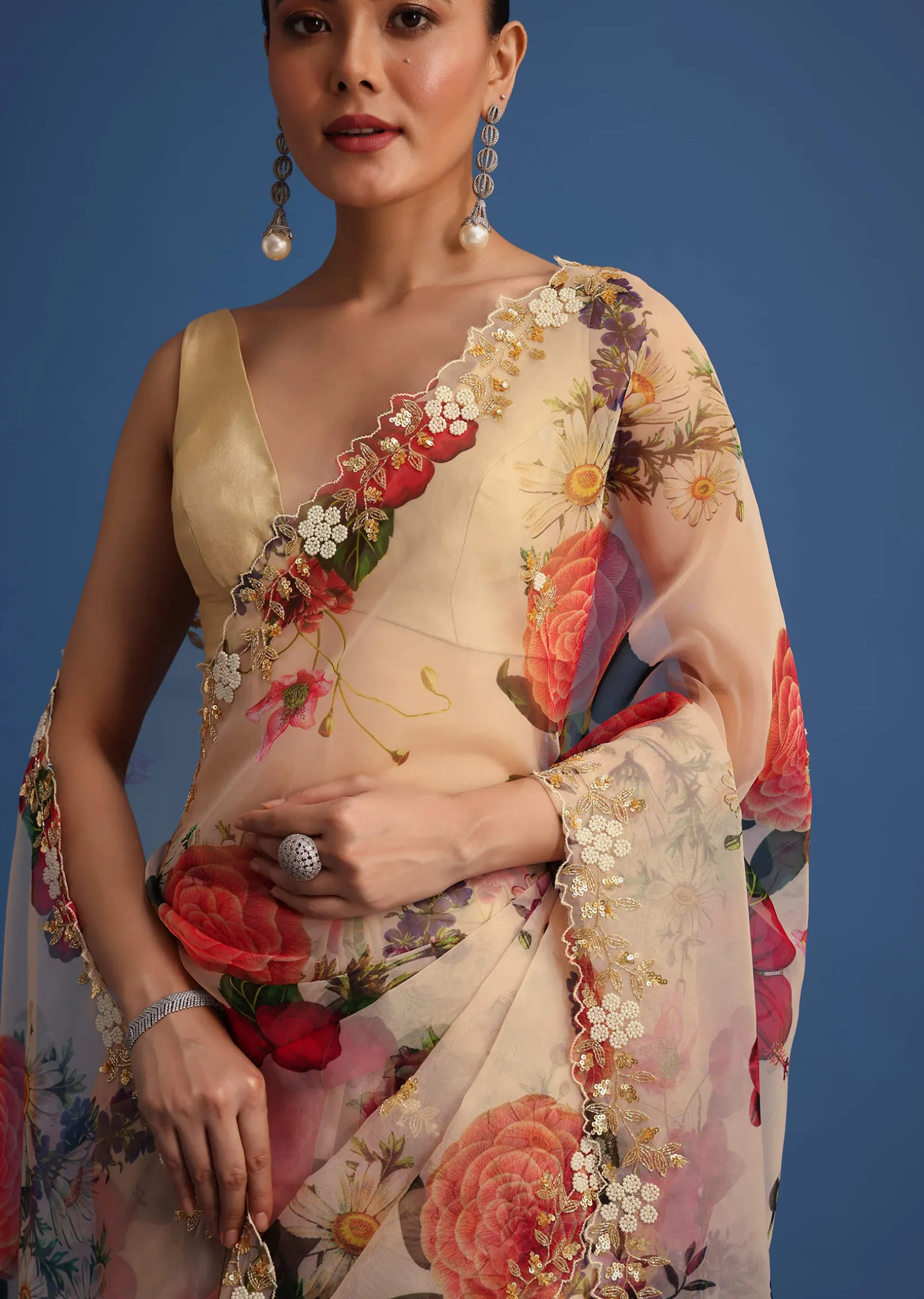 Off White Organza Floral Printed Saree With Embroidered Border
