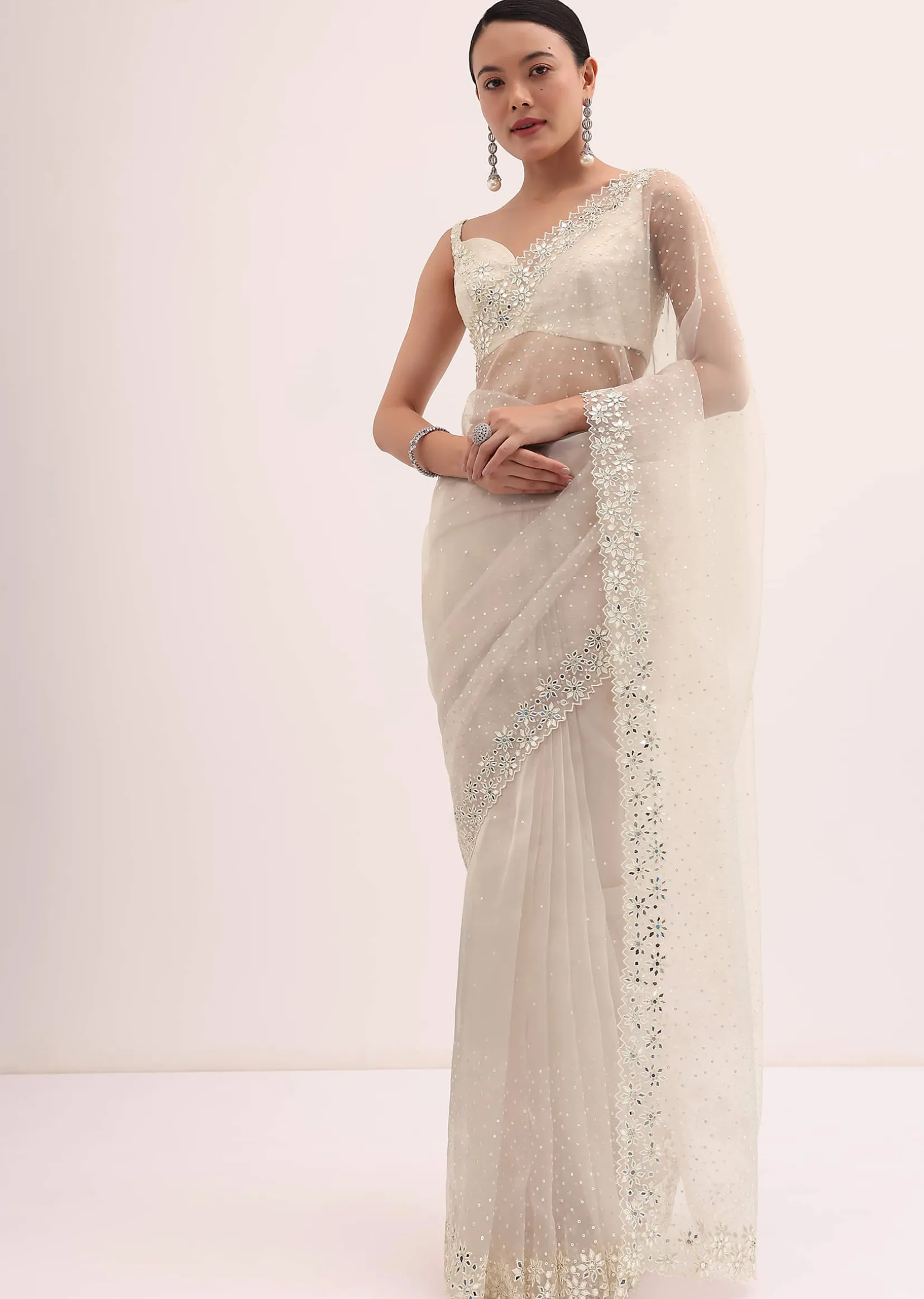 Off White Organza Saree In Sequins With Unstitched Blouse