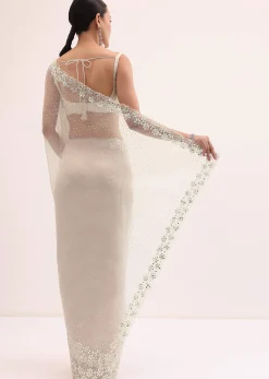 Off White Organza Saree In Sequins With Unstitched Blouse