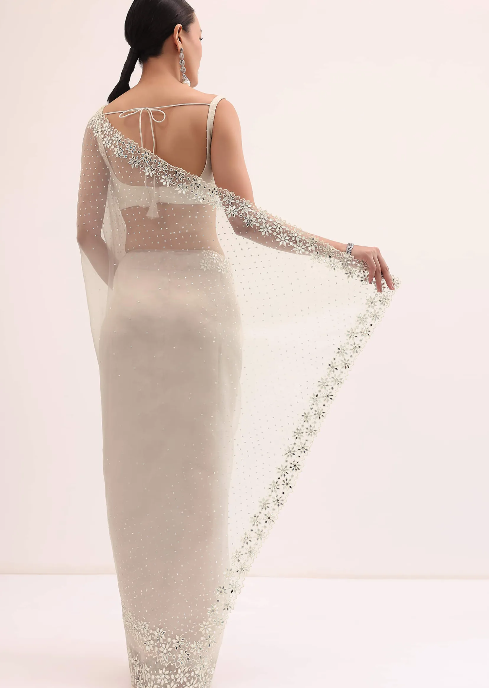 Off White Organza Saree In Sequins With Unstitched Blouse